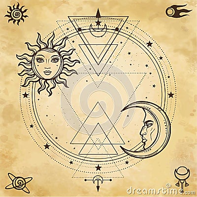 Mystical drawing: sun and moon with human faces, a star circle. Vector Illustration