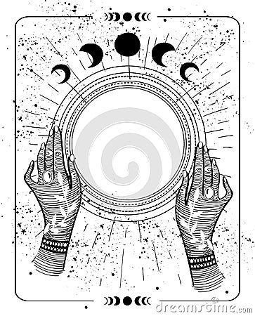 Mystical drawing tarot with copy space, magic ball for text. Female hands hold an empty round frame, sketch. Mystical Vector Illustration