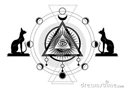 Mystical drawing: the third eye, all-seeing eye, circle of a moon phase. Sacred geometry and Egyptian cats Bastet ancient Egypt Vector Illustration