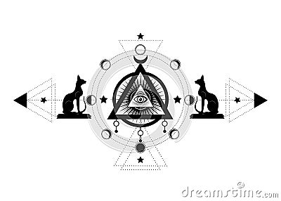 Mystical drawing: the third eye, all-seeing eye, circle of a moon phase. Sacred geometry and Egyptian cats Bastet ancient Egypt Vector Illustration