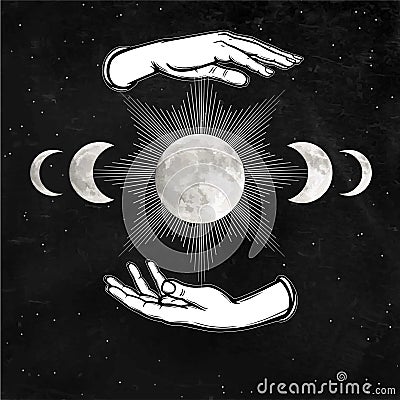 Mystical drawing: woman `s hands hold the moon. Vector Illustration