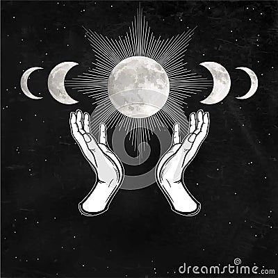 Mystical drawing: woman `s hands hold the moon. Vector Illustration