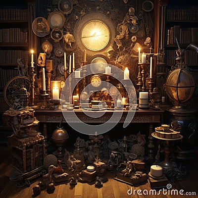 Mystical and Elaborate Collection of Vintage Artifacts Stock Photo