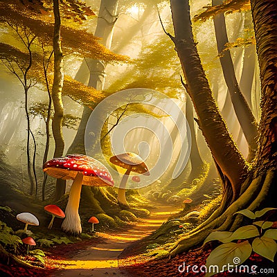 Mystical fairyland forest path through woods with giant fly agaric mushrooms Stock Photo