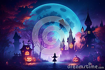 Mystical Fantacy Halloween full moon night with Haunted houses Stock Photo