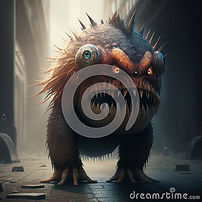 Mystical fictional fantasy monster with sharp teeth, spikes on the body and burning eyes. AI generated Stock Photo