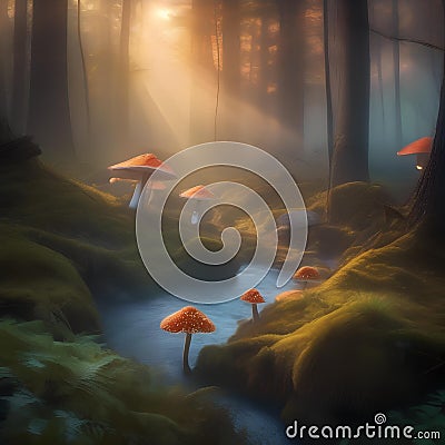 Mystical forest at dawn, glowing mushrooms and mist, enchanting fantasy scene, digital painting4 Stock Photo