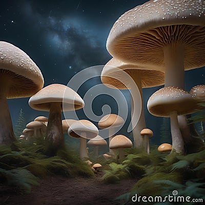 A mystical forest of giant mushrooms under a starry sky1 Stock Photo