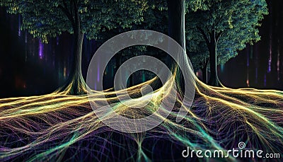 Mystical Forest with Glowing Interconnected Roots Symbolizing Unity and Connection,89 Stock Photo