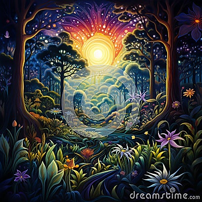 Mystical Forest Illustration with Healing Plants Cartoon Illustration