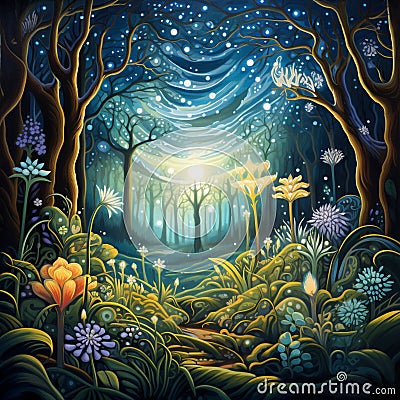 Mystical Forest Illustration with Healing Plants Cartoon Illustration