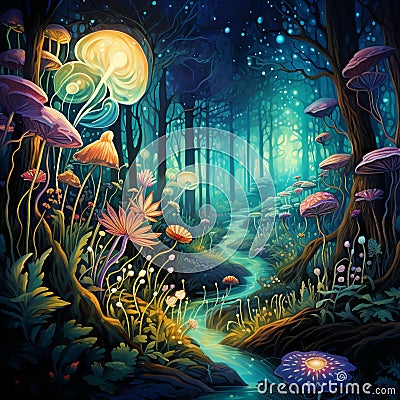 Mystical Forest Illustration with Healing Plants Cartoon Illustration