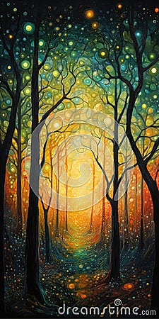 Mystical Forest Landscape Painting for Wall Art. Stock Photo