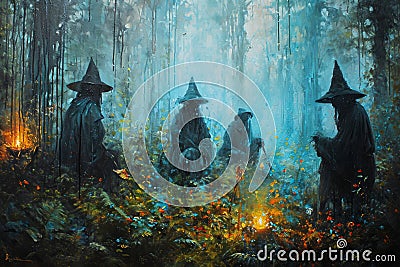 Mystical forest shamans, communing with nature spirits and harnessing their ancient magic - Generative AI Stock Photo