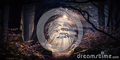 mystical forest with sunlight Stock Photo