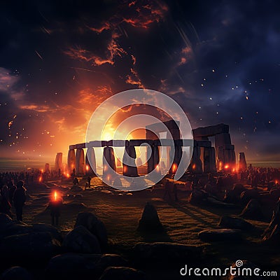 Mystical Gathering: Silhouetted Figures Illuminate Stonehenge in Fiery Twilight Stock Photo