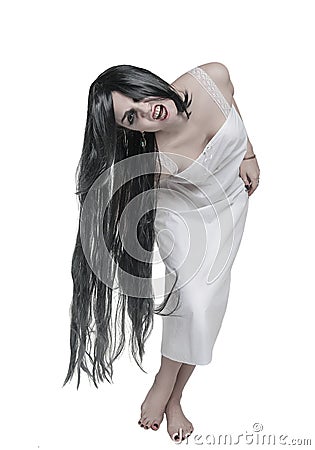 Mystical ghost angry screaming woman on white Stock Photo