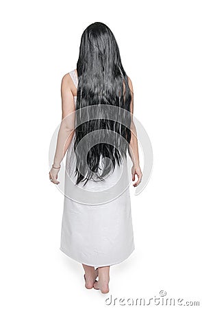 Mystical ghost woman in white long shirt back Stock Photo