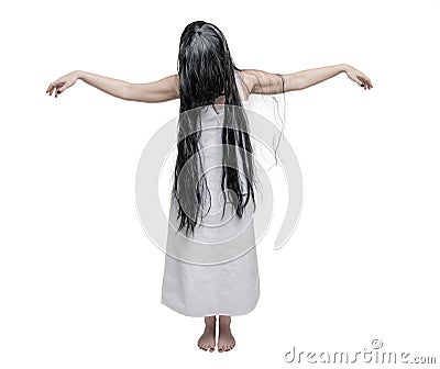 Mystical ghost woman in white shirt with long black hair Stock Photo