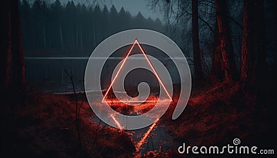 Mystical glowing neon creepy triangle or portal over water or lake in the forest, AI generated Stock Photo