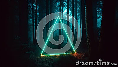 Mystical glowing neon light creepy triangle or portal in the forest, AI generated Stock Photo