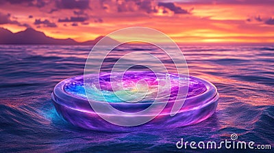 Mystical glowing ring on vibrant ocean at sunset with stunning colors and mountains Stock Photo