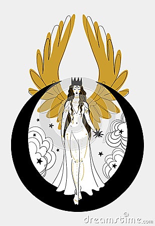 Mystical goddess woman or angel with golden wings, divine boho design. Lunar lady with a star in her hands. Heavenly hand drawn Vector Illustration