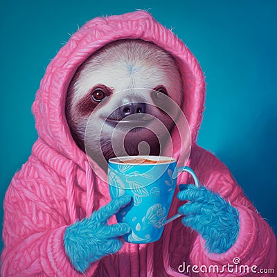 Mystical Guardian: Sloth in a Pink Sweater with Cup Stock Photo