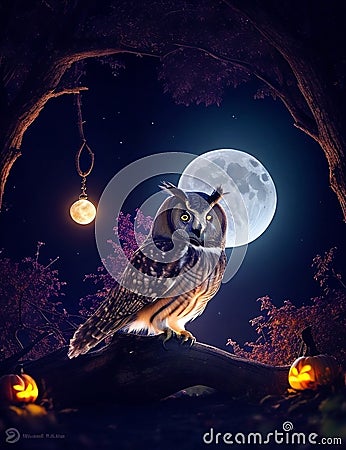 Mystical Halloween Night: Owl and the Luminous Moon Stock Photo