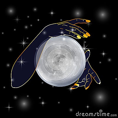 Mystical Hands holding full moon performing a magic ritual Vector Illustration