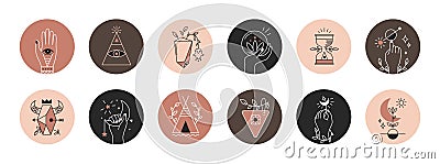 Mystical highlights. Collection spiritual icons with moon alchemy, hands and eyes. Boho social media post covers Vector Illustration