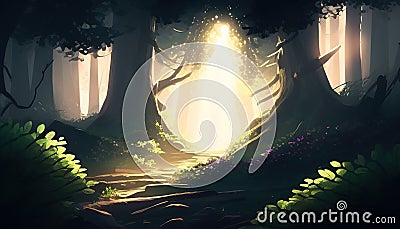 A mystical illustration of light streaming through the forest, a magical and ethereal scene full of wonder Cartoon Illustration