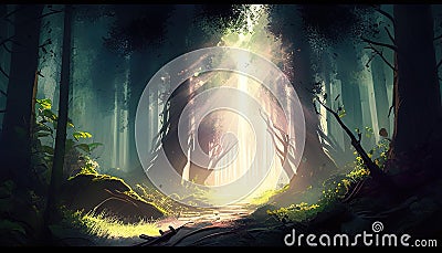 A mystical illustration of light streaming through the forest, a magical and ethereal scene full of wonder Cartoon Illustration