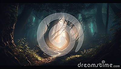 A mystical illustration of light streaming through the forest, a magical and ethereal scene full of wonder Cartoon Illustration