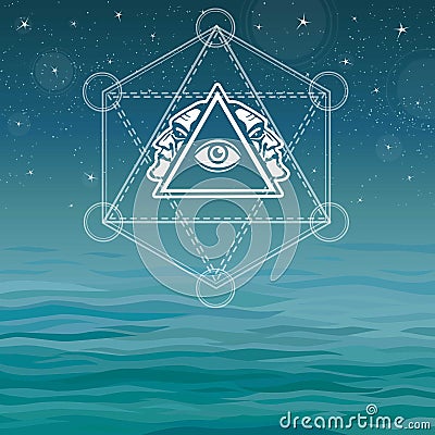 Mystical image of a pyramid, providence eye, profile of the person. Vector Illustration