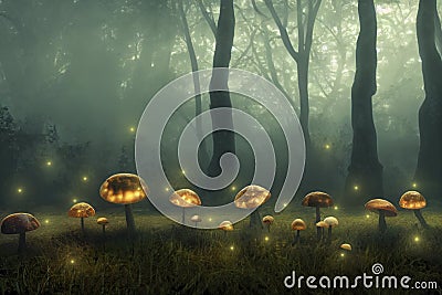 Mystical landscape in autumn morning fog with glowing mushrooms and fireflies. Scenery in fall with first colored trees Stock Photo