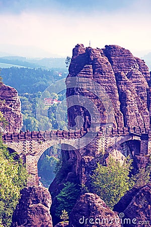 Mystical landscape with rocks near Rathen, Germany, Europe Sachsische Schweiz Stock Photo