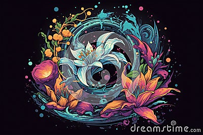 A mystical Lily flower t-shirt design with a lily emerging from a mystical portal Stock Photo