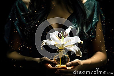 Mystical Lily in sand clock on Glowing Vial Held by Woman Stock Photo