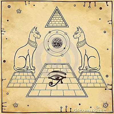 Mystical linear drawing: Sacred cats goddess Bastet guard the pyramid. Vector Illustration