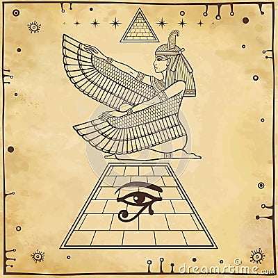 Mystical linear drawing: winged goddess Isis at top of the Egyptian pyramid. Vector Illustration