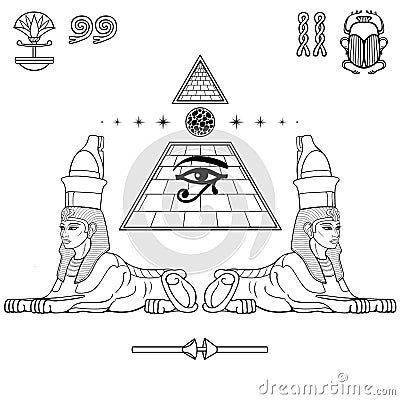 Mystical linear drawing: women sphinxes guard the Egyptian pyramid. All-Seeing Eye of the god Horus. Vector Illustration