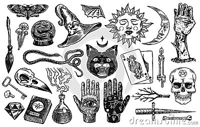 Mystical magic boho elements. Witchcraft astrological set. Esoteric alchemy occult sketch for tattoo. Palmistry and Vector Illustration