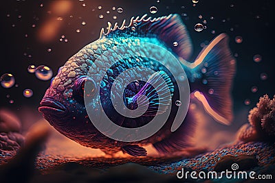 Mystical Magic Fish in Synthwave style with Vibrant Colors, Cinematic Lighting and Color Grading, AI Generative Stock Photo