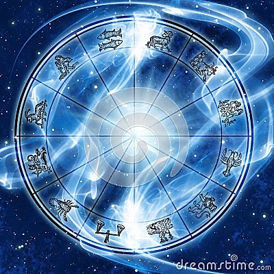 Mystical magic zodiac wheel with stars and Universe like astrology concept Stock Photo