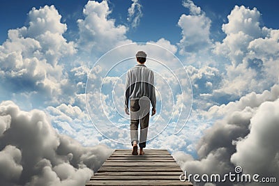 Mystical Man walk over clouds. Generate Ai Stock Photo