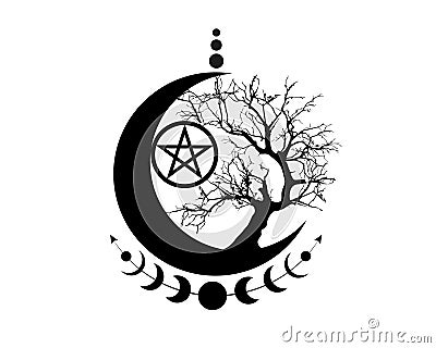 Mystical Moon Phases, tree of life and Wicca pentacle. Sacred geometry. Logo,Triple moon, half moon pagan Wiccan goddess symbol Vector Illustration