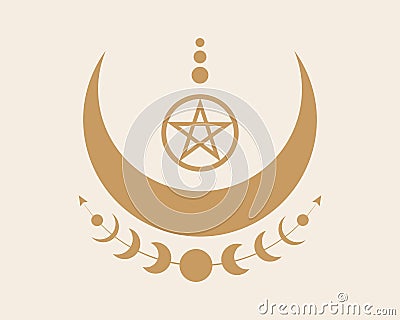 Mystical Moon Phases and Wicca pentacle. Sacred geometry. Logo, crescent moon, half moon pagan Wiccan goddess symbol Vector Illustration