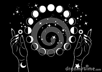 Mystical moon phases and woman hands, Triple moon pagan Wiccan goddess symbol, alchemy esoteric magic space, sacred wheel lunar Vector Illustration