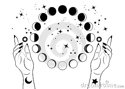 Mystical moon phases and woman hands, Triple moon pagan Wiccan goddess symbol, alchemy esoteric magic space, sacred wheel lunar Vector Illustration